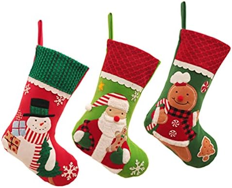 Amosfun Украса Дядо Коледа 3 бр. Коледни Чорапи, Чанти за Бонбони, Чорапи за Коледната Елха, Висящи Чорапи за Камината,