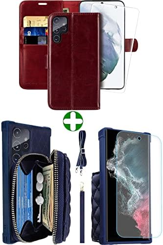 Чанта-портфейл MONASAY с цип за Galaxy S22 Ultra 5G, [Защитно фолио за екрана] [Блокиране на RFID], флип-надолу Кожена