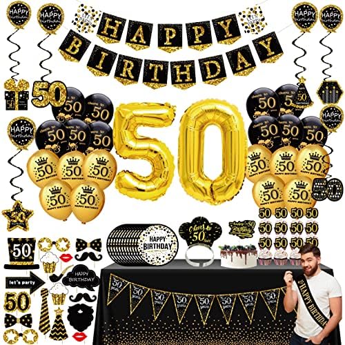 украса на 50-ия рожден ден за мъже и жени (76 x) черно злато Банер за парти, Вимпел, Окачен вихрушка, балони за рождения