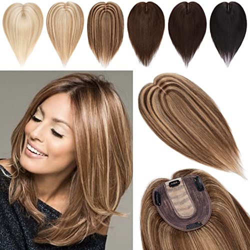 Богат избор топперов за коса за жени от истински човешки коси, коприна основа 10 * 12 см, мелированные кестенява направления