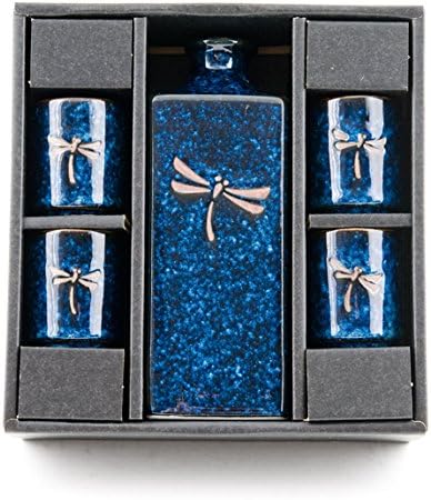 Автентичен Внос на Японски Керамичен комплект саке Blue Dragonfly Tombo с бутилка Токкури обем 14 течни унции и Четири