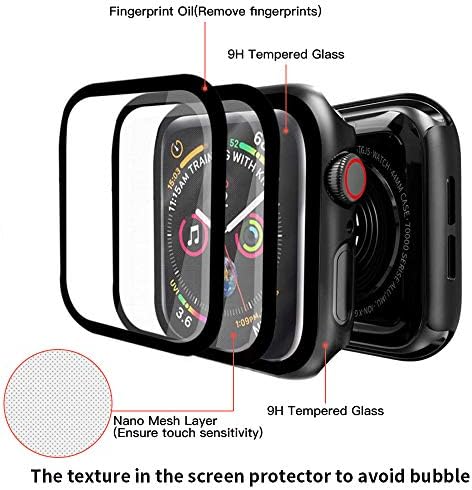 Черен твърд калъф е съвместим с Apple Watch 44 мм серия 6/5/4 /SE, със защитно фолио за екрана от ултра-тънък закалено стъкло с висока разделителна способност, Защитно покрити