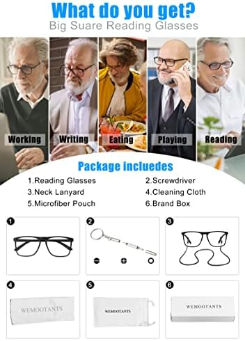 WEMOOTANTS Извънгабаритни Очила за четене за Мъже Square Reader Леки Модни Ридеры 1.0 1.25 1.5 1.75 2.0 2.25 2.5 2.75