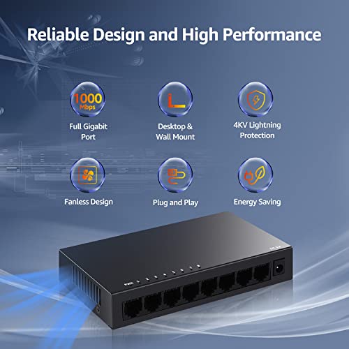 8-портов gigabit комутатор Ethernet Unmanaged, мрежов Ethernet-сплитер NICGIGA, десктоп или монтиране на стена, без вентилатор,