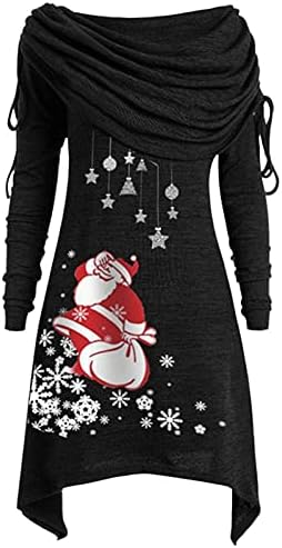 BEUU Коледни мини-рокля с шал яка лодка и дълъг ръкав за жени, нередовен подгъва, туника-блуза с рюшами голям размер,