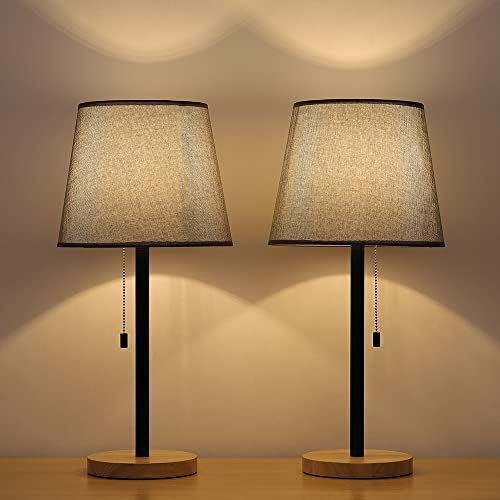 Съвременните Настолни лампи HAITRAL - Минималистичен Комплект от 2 Нощни лампи с основа от Масивна дървесина и прекъсвач