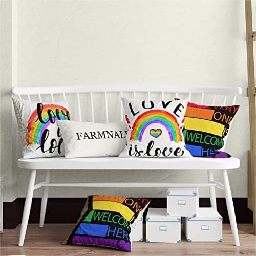 Калъфки FARMNALL Linen Pride 18x18 Комплект от 4 Светещи покрива възглавница за гей-прайда, Тук се радваме на всеки, Щастлива Гордост, ЛГБТ-Бижута, Легло, Диван, Възглавница, Авт?