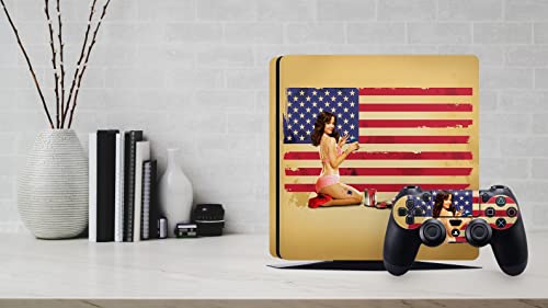ZOOMHITSKINS Скинове конзола PS4 и контролер, Секси Момиче, Американска Жена, Ретро флаг на САЩ, червено, синьо, Класически, трайни, без мехурчета и слуз, 1 Кожа конзола, 2 обв?