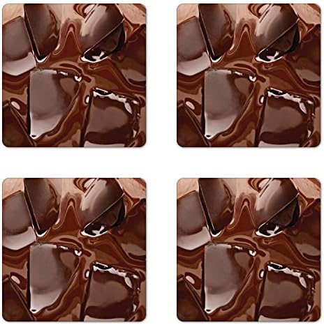 Комплект от 4 шоколадови каботажните Ambesonne, Изображение тающих парченца шоколад Близък план, Принт за приготвяне