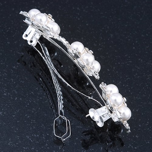 Булчински, абитуриентски сребрист тон с имитация на перли и диаманти на тройната цвете, шнола за коса, дръжка-80 мм в